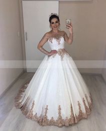 Princess White Wedding Dress With Rose Gold Appliques Vintage Transparent Long Sleeves Bridal Dress Ball Gown robe mariage Dresses289H