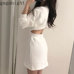 Gaganight Fashion Sexy Women Fleece Spring Mini Dress Solid Slim Korean Long Sleeve O Neck Sweatershirt Dresses Female Vestidos 210519