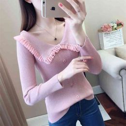 Flower Side V-neck Sweater Women Autumn Winter Long-sleeved Knitted Stitching Button Decorative Female 210427