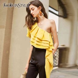 Elegant Asymmetrical Women Shirt Skew Collar Sleeveless Patchwork Ruffles Irregular Hem Blouses For Female Fashion 210524