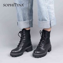 SOPHITINA Women Shoes Fashion Elegant Comfotable High Quality Ladies Ankle Boots Knitting Lace Up Casual Black Women Boots C787 210513