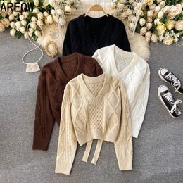 Knitted Top Women's Fashion Autumn spring Pullover Sweater Back Lace-up Cropped Knitwear 210507