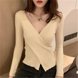 Women's Sweaters Korean Fashion 2021 Girls Knitted Full Sleeve Sweater Pullover Sexy Autumn Crossed Deep V-neck Jumpers Tops