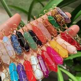 Natural Stone Crystal Charms Wire Wrap Multicolor Rose Quartz Amethyst Bullet Point Hexagonal Pendulum Reiki Chakra Jewelry