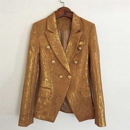 Высокое качество моды дизайнерская куртка женский лев металлические кнопки двойной погружной тонкий фитинг мерцающий золотой блейзер 211029