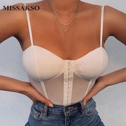 Missakso Solid Sexy Women Bodysuit Backless Mesh Skinny V Neck Fashion See Through Summer Spaghetti Strap Bodysuits 210625