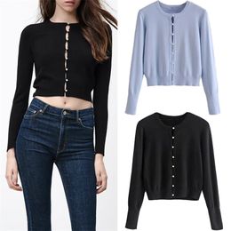 Women Black Pearl Knitted Cropped Cardigan Woman Blue Sweater Long Sleeve Spring Jacket Female Button Up Knit Top 210519