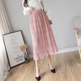LY VAREY LIN Spring Summer Chiffon Women Medium Pleated Skirt Casual Female High Waist Ruffles Black Pink Midi Skirts 210526