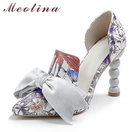 Meotina Bow Real Leather Super High Heel Pumps Women Shoes Pointed Toe Strange Style Heels Two-Piece Footwear Lady Autumn 43 210520