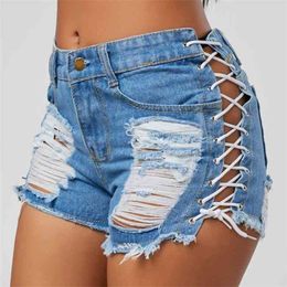 Sexy Summer Women Denim Shorts New Black Blue High Waist Ripped Short Jeans Femme Tassel Lace Up Bandage Hotpants 210323