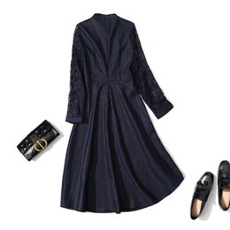 Womens High-Grade Dress Irregular Design Lace Long Sleeve Stand Collar Mid-Length Dress