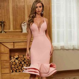 ADYCE Nuove Donne di Estate Tromba Vestito Dalla Fasciatura Sexy Della Cinghia di Spaghetti Con Scollo A V Rosa Aderente Celebrity Evening Runway Club Vestito Da Partito 210325