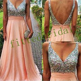 Plunging V Neck Beaded Crystals Prom Dresses Dusky Pink Sleeveless Evening Formal Party Wear Gowns Plus Size