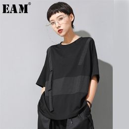 [EAM] Women Black Contrast Colour Split Big Size T-shirt New Round Neck Half Sleeve Fashion Tide Spring Summer 1U136 210324