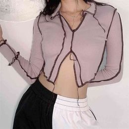 Women T-Shirt V-Neck Open Front Long Sleeve Slim Fit Tops Sexy Party Clubwear Cocktail Ladies Sale Fashion Clothing 210522