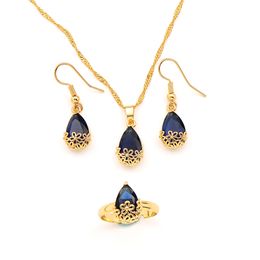18K Fine Gold Filled Water Drop purple Crystal Jewellery Set Pendant Necklace Earrings Ring cz big Rectangle Gem with Channel