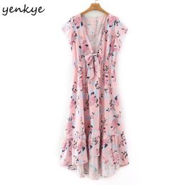 Floral Print Holiday Boho Beach Dress Women Sexy Bow Tie V Neck Short Sleeve Vestido Mujer Summer Long Maxi Robe 210430