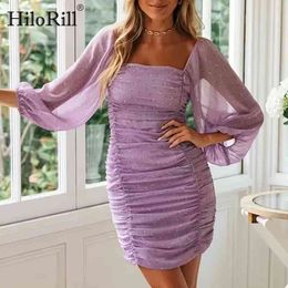 Sexy Bodycon Party Dress Women See Through Lantern Sleeve Elegant Mini Backless Pleated Chiffon es Vestidos 210508