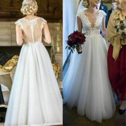 Illusion Deep V-Neck Wedding Dress Cap Sleeve A-Line Beach Elegant Bridal Gown Full Lenth