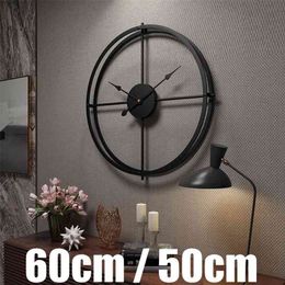 North Europe Large Vintage Metal Wall Clock Double Layer Iron Frame Mute Watch for Home Living room Decor Wall Clock 50/60CM 210325