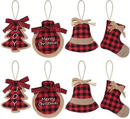 8 Pcs Burlap Christmas Ornaments Set, Funny Unique Mini Xmas Tree Decorations, Small Red Plaid Stockings/ Ball/ Tree/ Bell