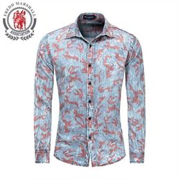 Fredd Marshall Mens Hawaiian Floral Shirts Men Long Sleeve Casual Shirt Male Social Regular Fit 100% All Cotton Clothes 201 210527