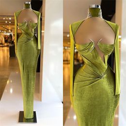 ELegant Green Mermaid Prom Dresses Beaded High Neck Evening Dress Custom Made Long Sleeves Floor Length Sheer Neck Party Gown