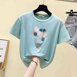 Women's O Neck Balloon Pattern Sequin Short Sleeves Cotton T-Shirt Summer Tee Girls Ladies Pullover Casual Tops Tees A2524 210428