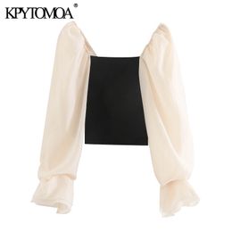 KPYTOMOA Women Fashion Patchwork Organza Cropped Knitted Blouses Vintage See Through Sleeve Stretch Female Shirts Chic Tops 210317