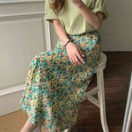 Spring and Summer High Waist Chiffon Skirt Korean Style Elastic Medium Length Floral A-line 210529