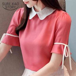 women's summer blouses short sleeve chiffon shirts sweet Doll collar solid ladies tops 3463 50 210506