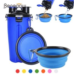 Benepaw Portable Multifunctional Dog Food Water Bottle 2 In 1 With Foldable Bowl 7 Color Food Grade Drinking Pet Dog Feeder Cat Y200922