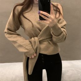 Autumn Winter Women Pullover Sweater Lace Up O-neck Knitting Jumpers Female Loose Elegant Korean Casual Pull Femme Tops 210514