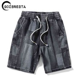 Pantaloncini di jeans di giunzione di cotone di marca Uomo Moda estiva Streetwear Pantaloni coreani Hip Hop Harajuku M-8XL 's 210721