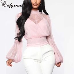 Colysmo Pink Blouse Women Summer Vintage Stand Collar Long Sleeve Sheer Mesh Polka Dot Tops Elegant Office Ladies Clothing 210527