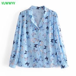 Spring Chic Blue Butterfly Print Women Shirt Elegant Casual Streetwear Button Up Shirts Woman Long Pleated Sleeve Tops 210430