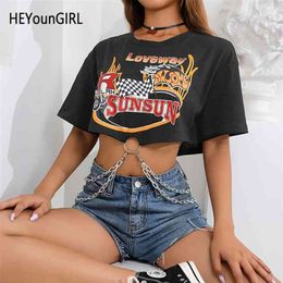 HEYounGIRL Korean Punk Short Sleeve Tshirt Women Black Harajuku Cotton T Shirt Ladies Printed Top with Chains Streetwear Summer 210324