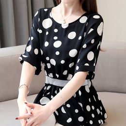 Short Sleeve Summer Blouse Shirt Blusas Fashion Blouse Women O-neck Black White Dot Chiffon Blouse Women Tops Clothes D47 210426