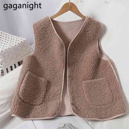 Kawaii Fleece Women Vest Solid V-Neck Casual Loose Vests All-matched Sleeveless Spring Autumn Lady Tank Camis Korean 210601