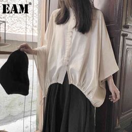 [EAM] Women Beige Big Size Strap Pleated T-shirt Stand Collar Three Quarter Sleeve Fashion Spring Summer 1DD7640 21512