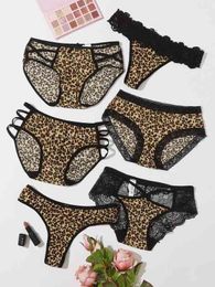 Leopard print hollow out lace briefs midnight sexy seduction charm fun underwear six piece set 211201