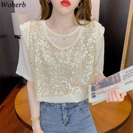 Women Tops Summer Loose Fake Two Piece T-shirt Sequin Gauze Patchwork O Neck Tees Shirt Elegant Short Sleeve Tshirts 210519