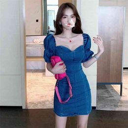 Sheath Jeans Dress Women Summer Lantern Sleeve Slim Vestidos Sexy Above Knee Short Mini Denim Female Plus Size Back Zipper 210601