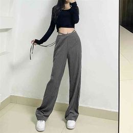 Casual Striped High Waist Drawstring Y2k Sweatpant Straight Pants For Women Fashion Streetwear Ladies Loose Trousers Female 210510
