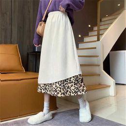 vintage Corduroy Leopard Print Splicing A-line skirt Women Plus Size High-waisted skirt Korean harajuku black Long skirt saia 210619