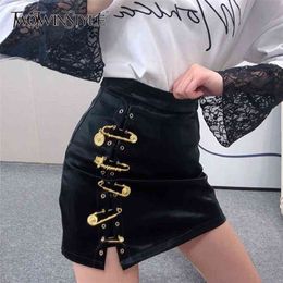 TWOTWINSTYLE Patchwork Pins Asymmetrical Women's Skirts High Waist PU Leather Casual Mini Skirt For Female Fashion Clothing 210708