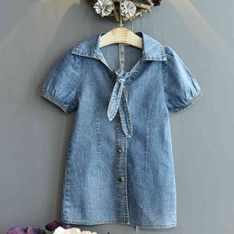 Girls Denim Dress Summer Bubble Sleeve V-neck Bow Single-Breasted Children's Casual Girl Clothes 210515