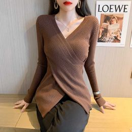 Fall 2021 Womens Fashion Long Sleeve Knitted Sweater Sexy Autumn V-neck Black White Y2K Jumper Top Female Pullover Pull Femme Y0825