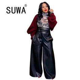 Product Women Pants For Work Plus Size S-3XL Black High Waist Trousers With Belt Free Office Lady PU Leather 210525