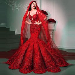 Luxury red sexy v-neck lace straps banquet mermaid wedding dress ruffle beaded sequin flower knotted aso ebi